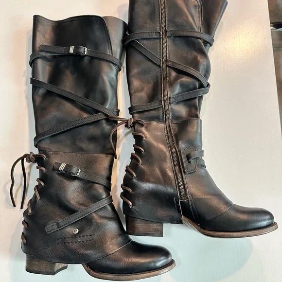 Freebird Cassius Black Lace Up Leather Tall Boots Size 10 Handcrafted Used - Picture 2 of 10